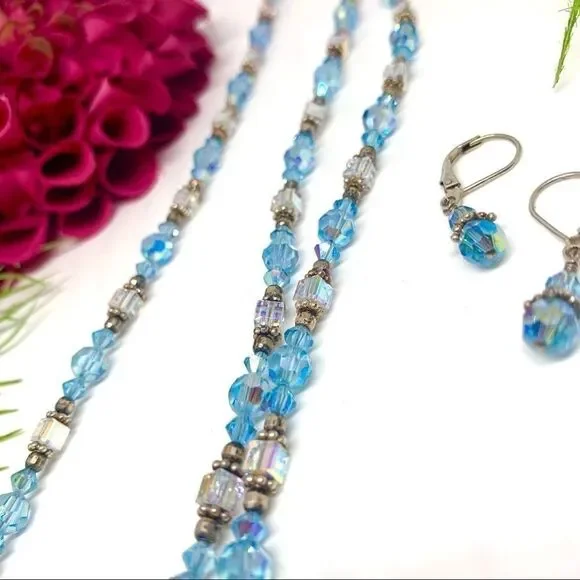 VINTAGE⚜️STERLING SILVER Austrian Crystal Necklace, Bracelet & Earrings Set - Picture 7 of 13